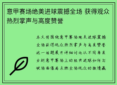 意甲赛场绝美进球震撼全场 获得观众热烈掌声与高度赞誉