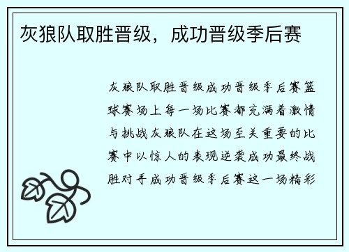 灰狼队取胜晋级，成功晋级季后赛