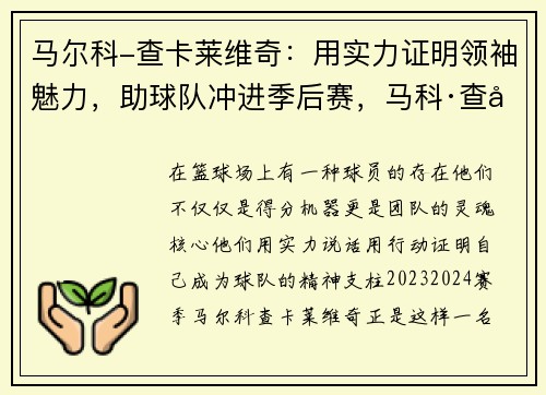 马尔科-查卡莱维奇：用实力证明领袖魅力，助球队冲进季后赛，马科·查卡