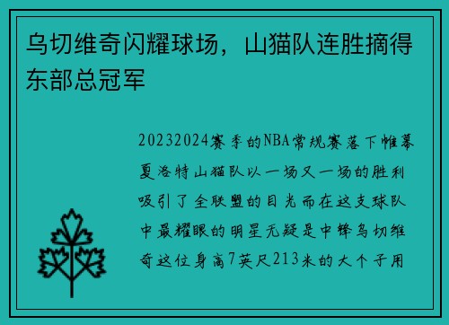 乌切维奇闪耀球场，山猫队连胜摘得东部总冠军