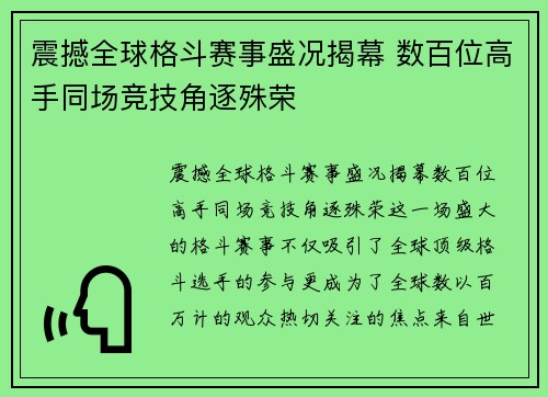 震撼全球格斗赛事盛况揭幕 数百位高手同场竞技角逐殊荣