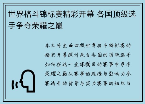 世界格斗锦标赛精彩开幕 各国顶级选手争夺荣耀之巅