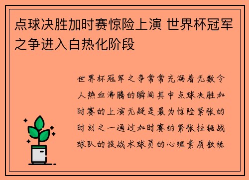 点球决胜加时赛惊险上演 世界杯冠军之争进入白热化阶段
