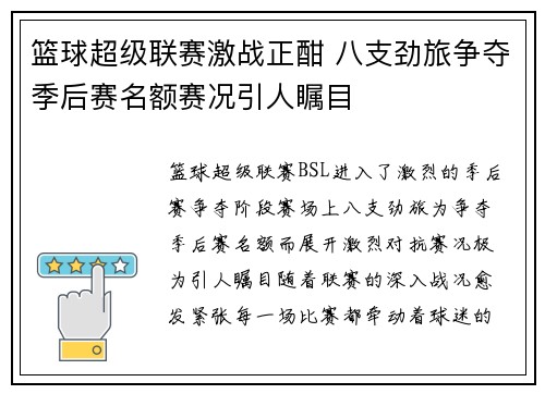 篮球超级联赛激战正酣 八支劲旅争夺季后赛名额赛况引人瞩目